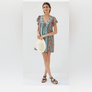 Anthropologie BOHO V Neck V Neck Patterned Mini Dress XS Flutter Sleeve Beachy